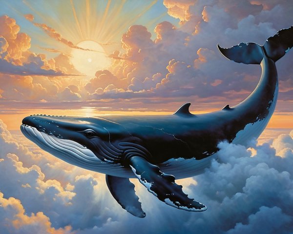 Whale Swimming in a Surreal Sky at Sunset