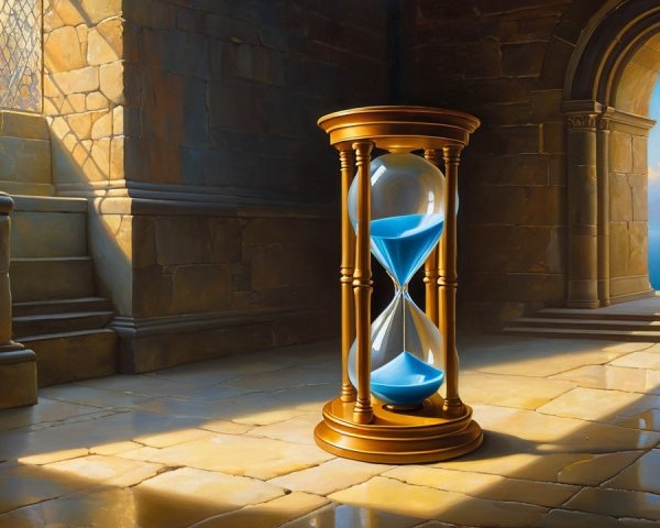 Hourglass in Sunlit Stone Room with Blue Sand