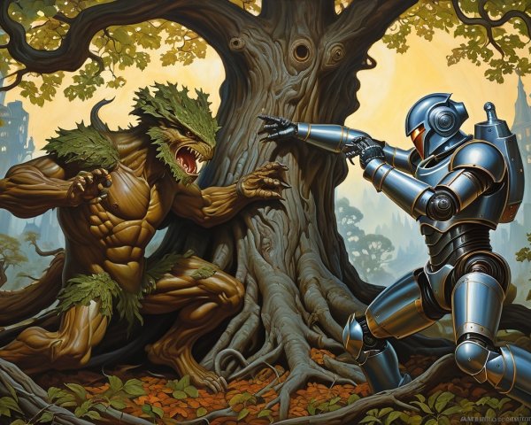 Moss-Covered Creature and Robotic Warrior in Forest