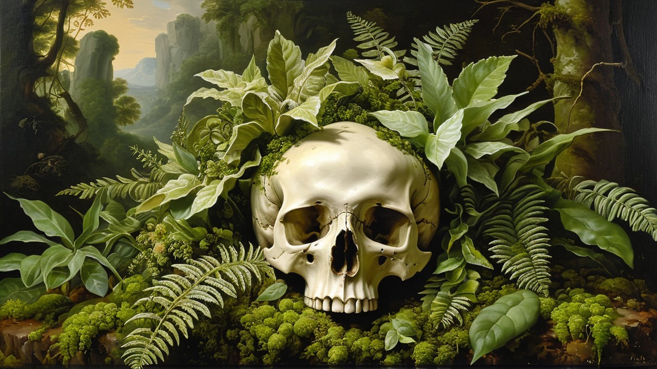 Realistic Skull Surrounded by Lush Greenery and Mountains