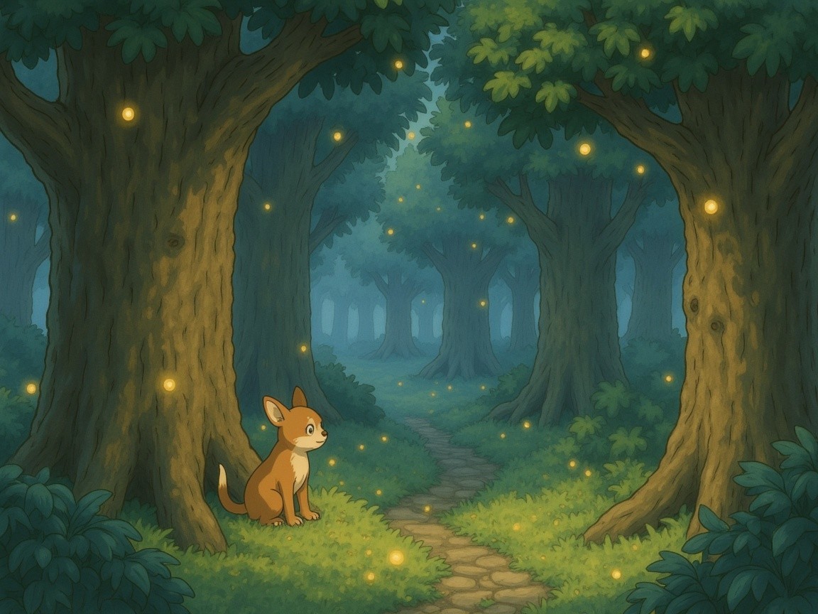 Enchanted Forest with Fireflies and Cartoon Fox