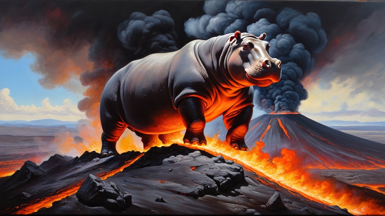 Giant Hippopotamus on Volcanic Landscape with Lava