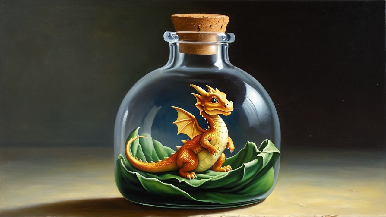 Orange Dragon in Glass Bottle on Green Leaf