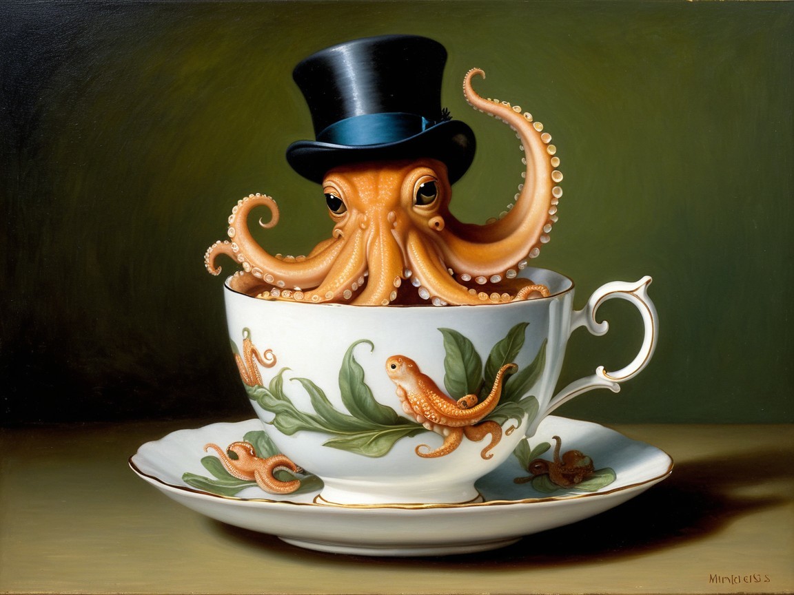 Whimsical Orange Octopus in Elegant Teacup Painting