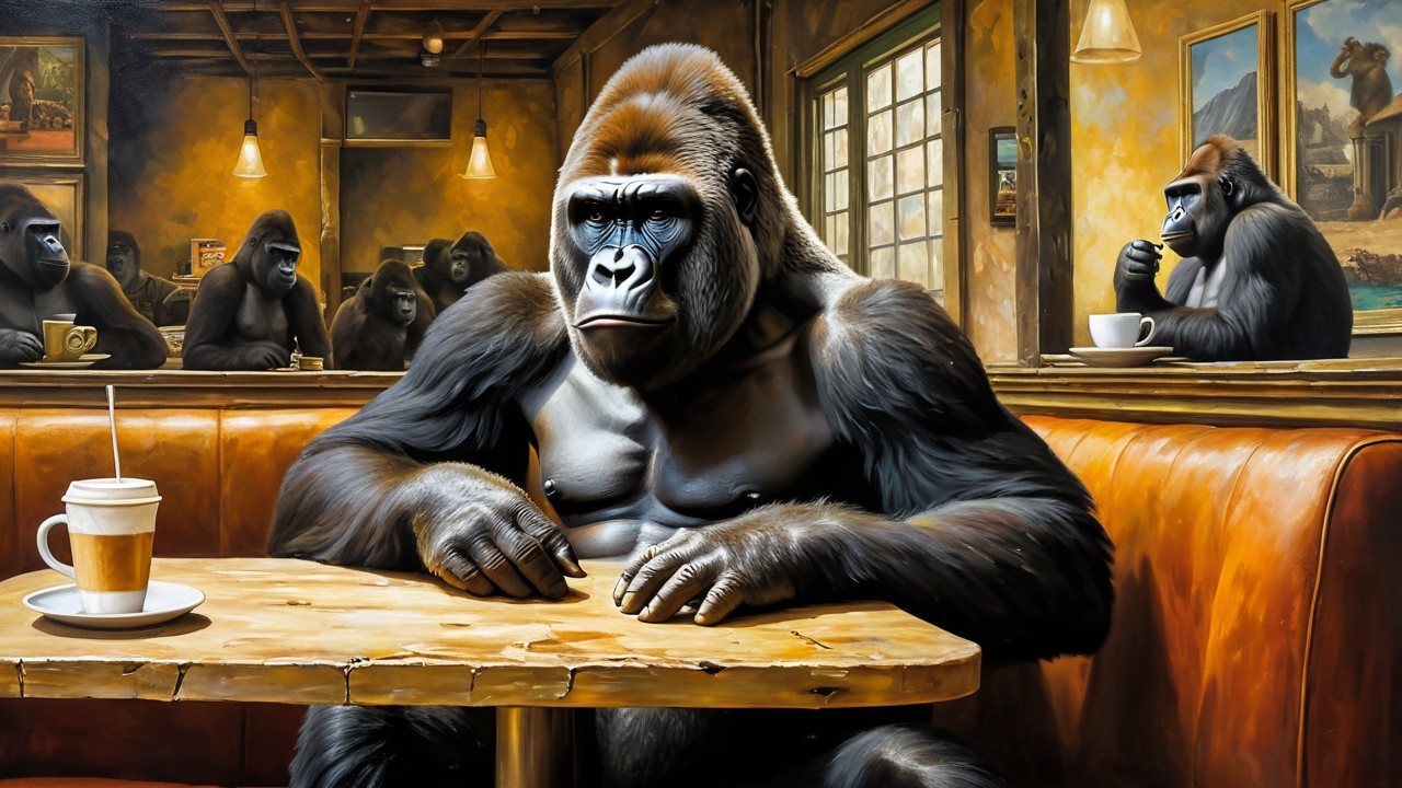 Gorilla in Cozy Café Setting with Rustic Ambiance