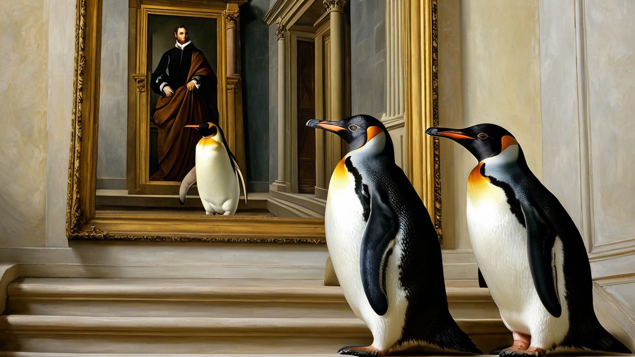Penguins Observing Classical Portrait in Gallery Setting