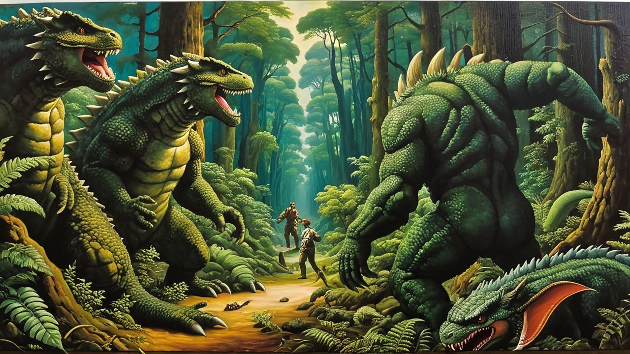 Dinosaurs Confront Figures in a Dense Forest Scene