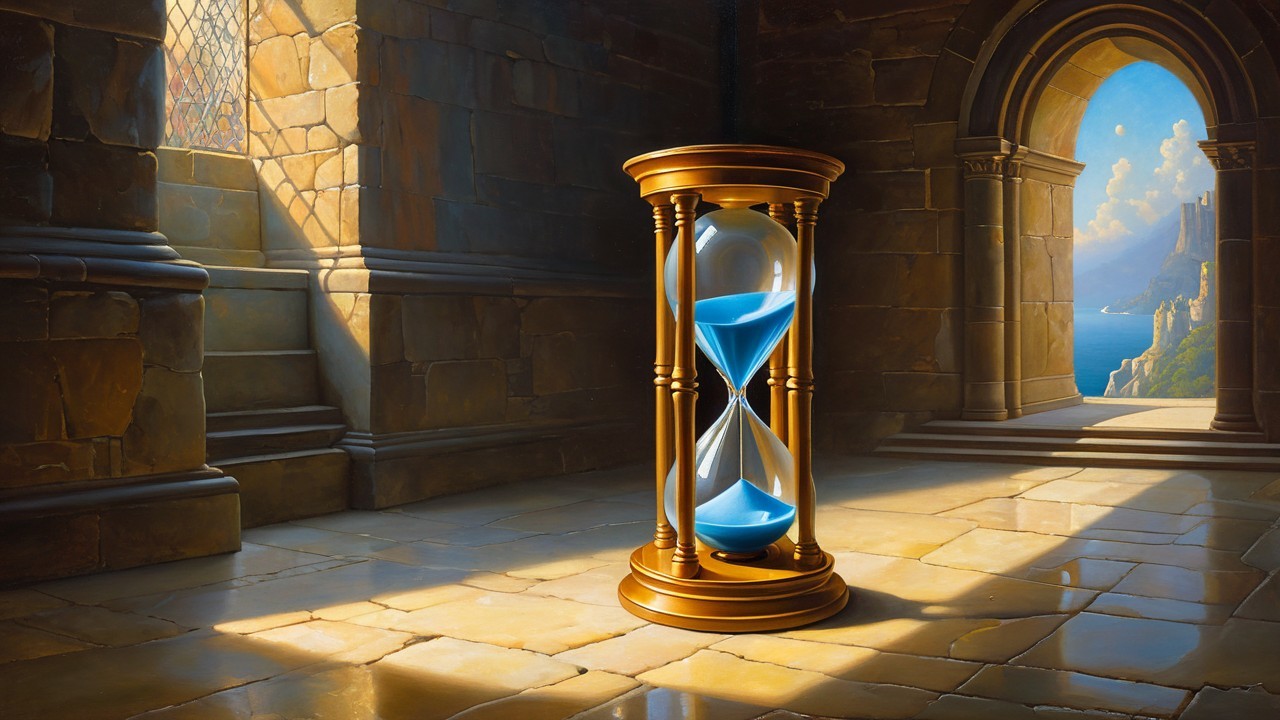 Hourglass in Sunlit Stone Room with Blue Sand