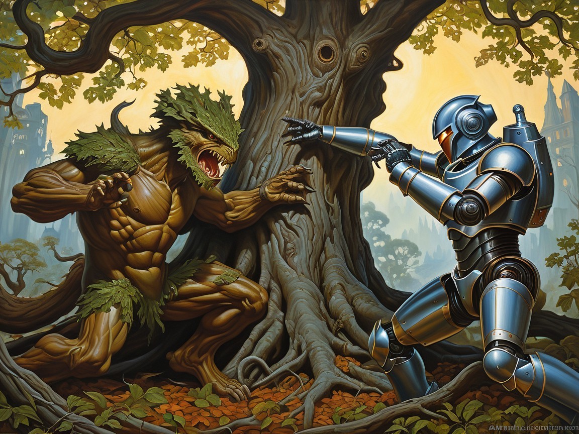 Moss-Covered Creature and Robotic Warrior in Forest