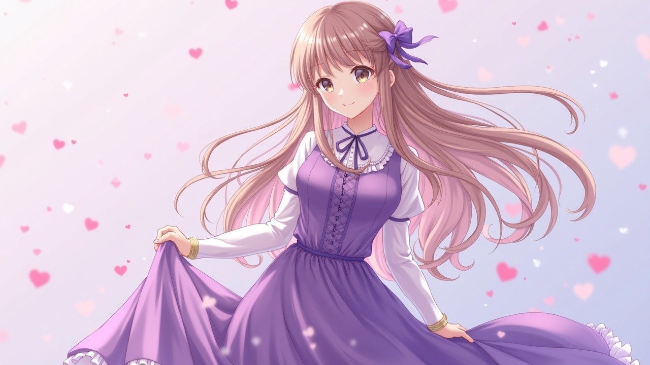 Young woman in purple dress with flowing hair and hearts