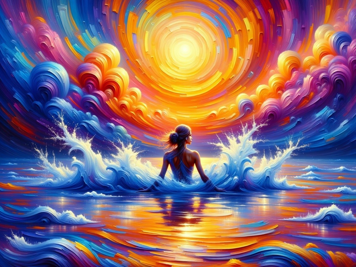 Vibrant Sunset with Figure in Water and Dynamic Clouds