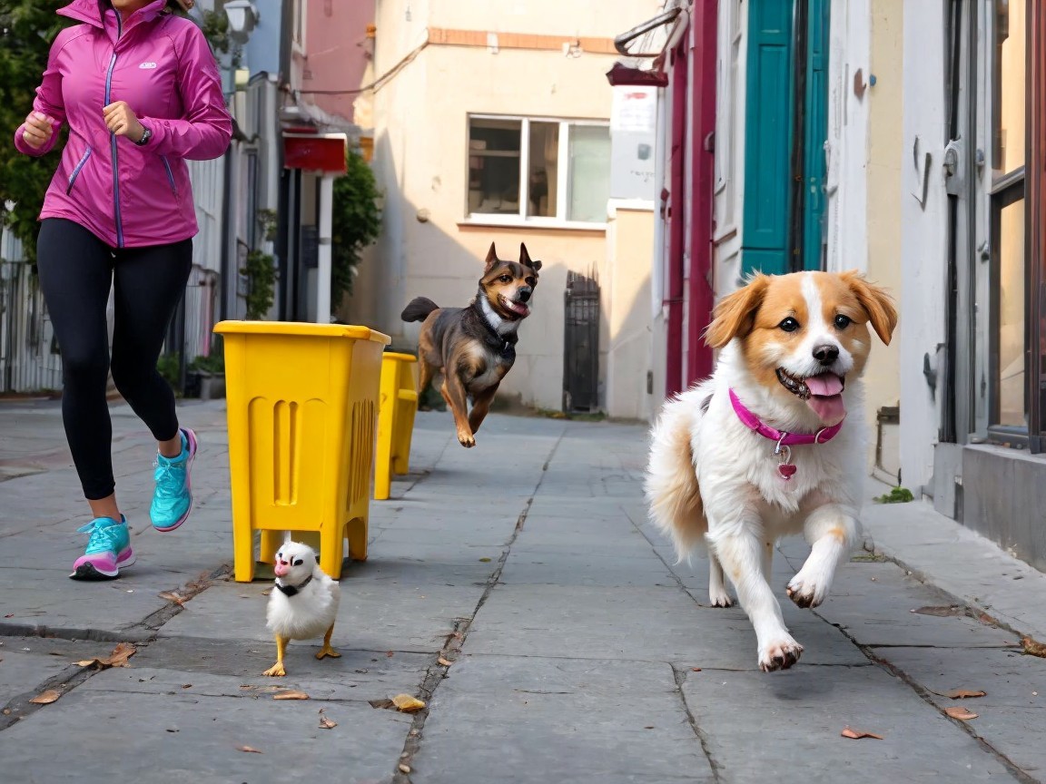 Jogging with Dogs in a Colorful Street Scene