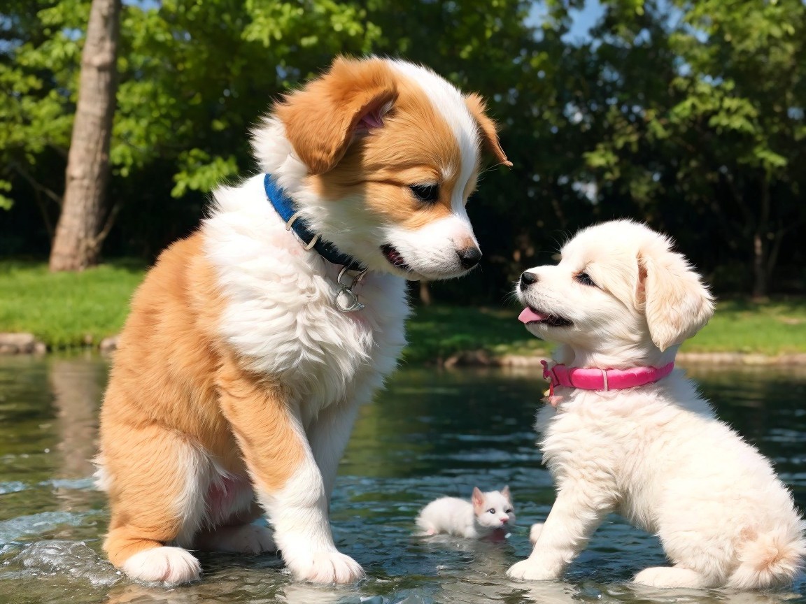 Puppies and kitten play in a vibrant summer scene