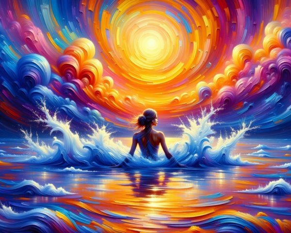 Vibrant Sunset with Figure in Water and Dynamic Clouds