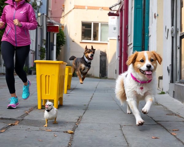 Jogging with Dogs in a Colorful Street Scene