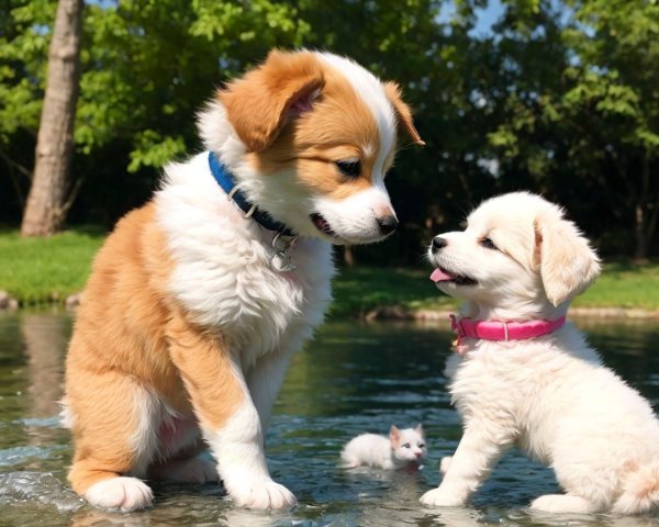 Puppies and kitten play in a vibrant summer scene