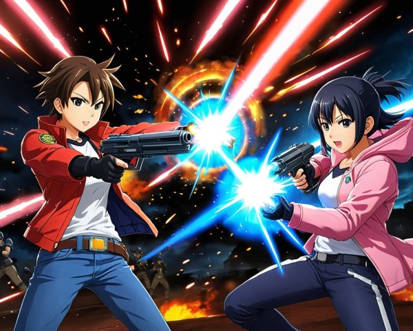 Dynamic Anime Scene with Characters and Futuristic Guns