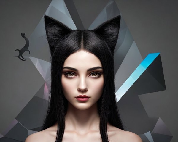 Surreal Figure with Cat Ear Hairstyle and Geometric Shapes