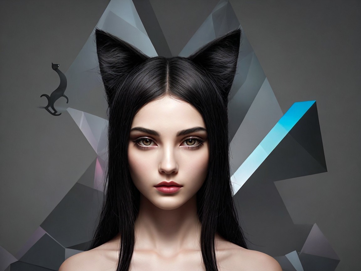 Surreal Figure with Cat Ear Hairstyle and Geometric Shapes