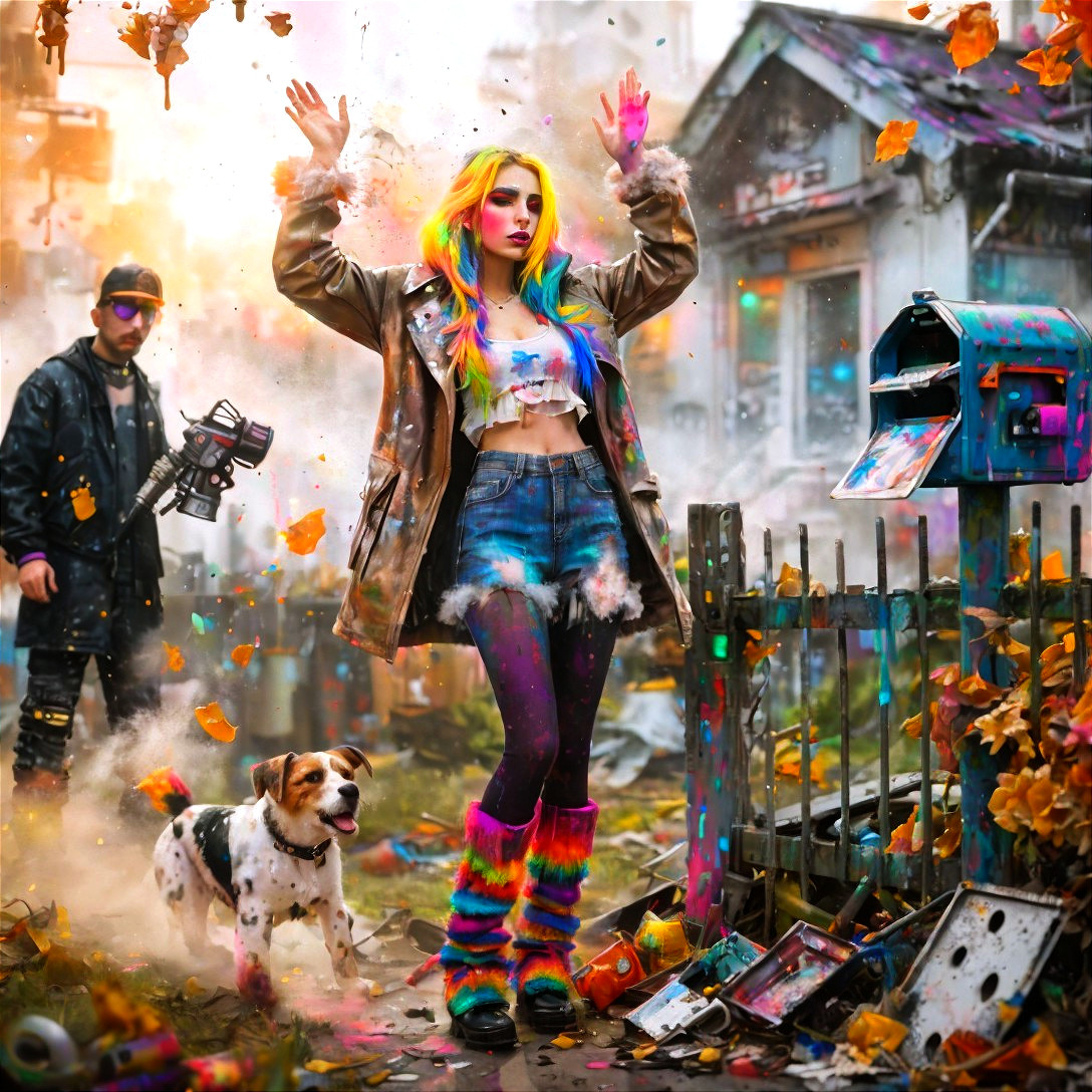 Colorful Urban Scene with Young Woman and Dog
