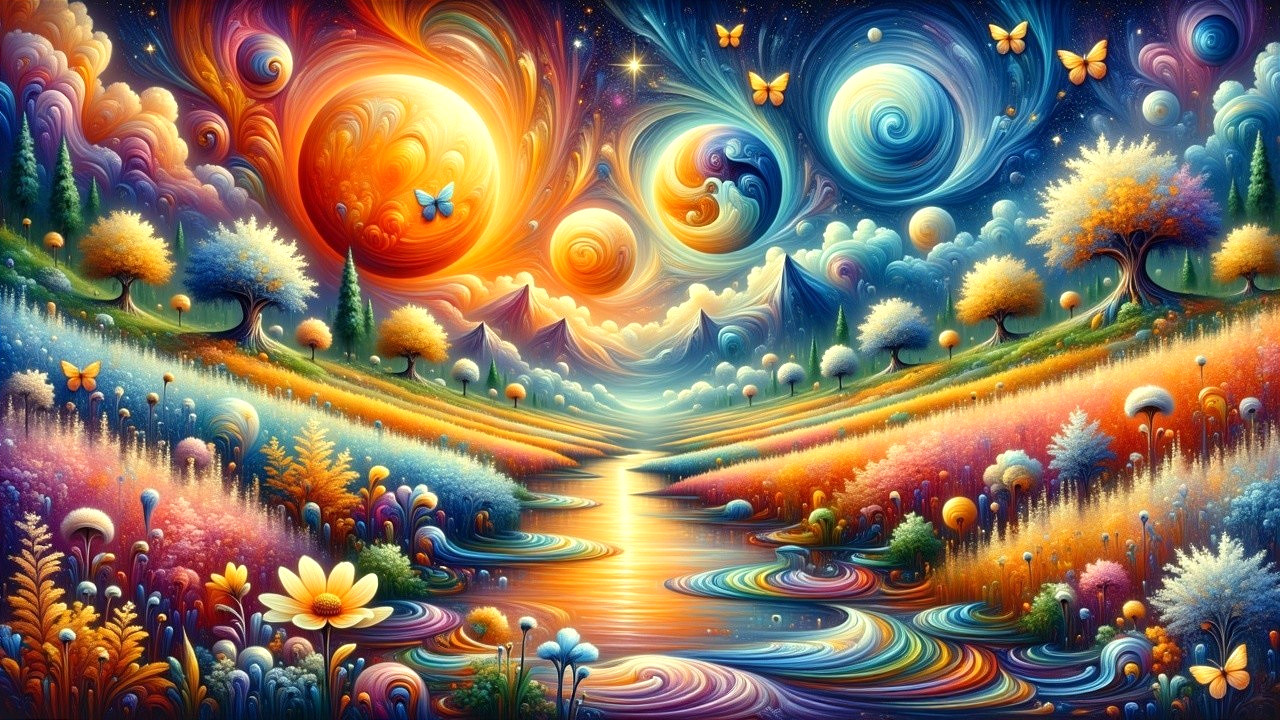 Surreal landscape with galaxies, planets, and vibrant nature
