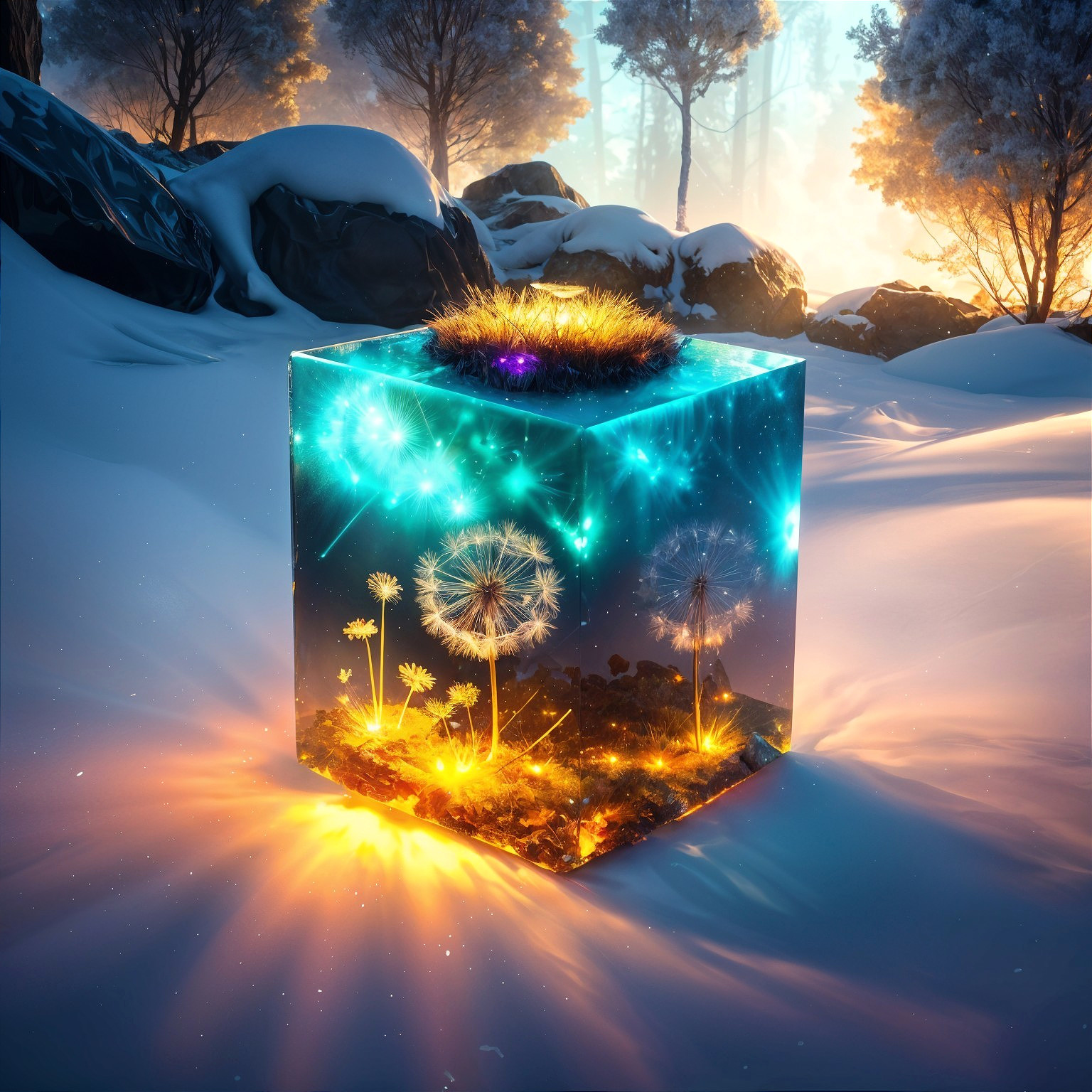Crystal Cube with Colorful Dandelions in Snowy Landscape