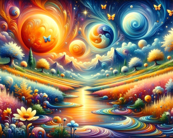 Surreal landscape with galaxies, planets, and vibrant nature