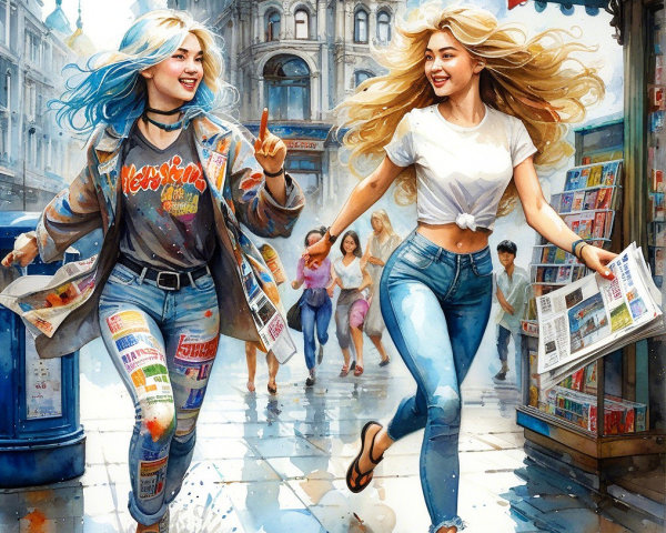 Young women running in a vibrant city street scene