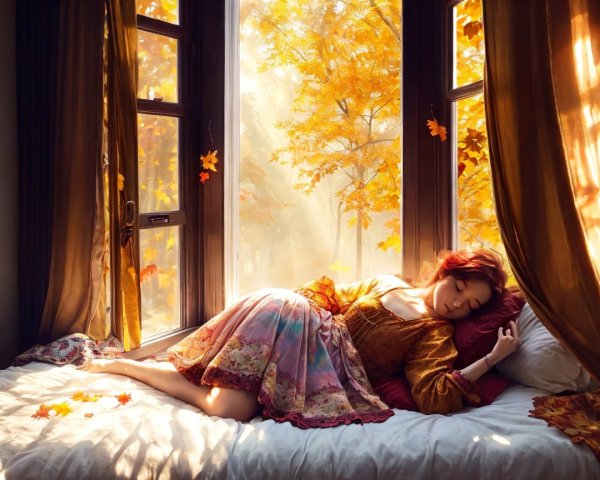 Serene Autumn Scene with Woman in Sunlit Room