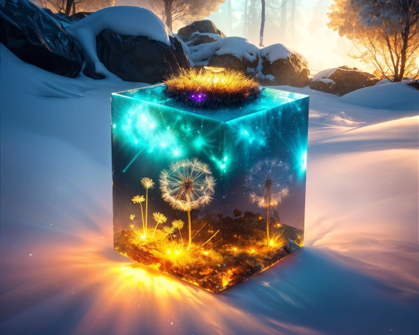Crystal Cube with Colorful Dandelions in Snowy Landscape