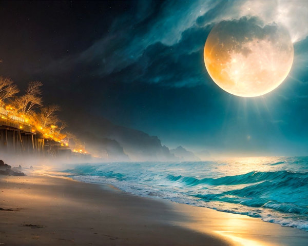 Serene Beach Scene Under Full Moon and Ethereal Clouds