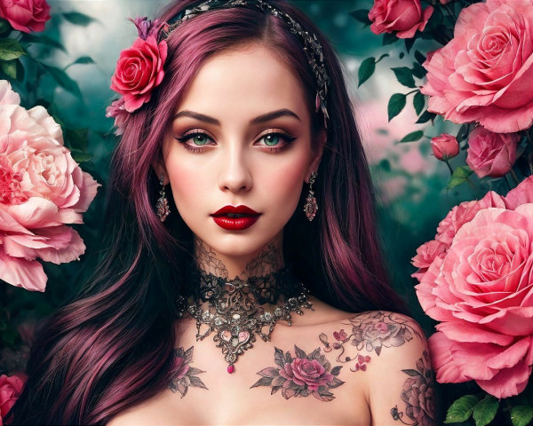 Young Woman in Lush Garden with Pink Roses