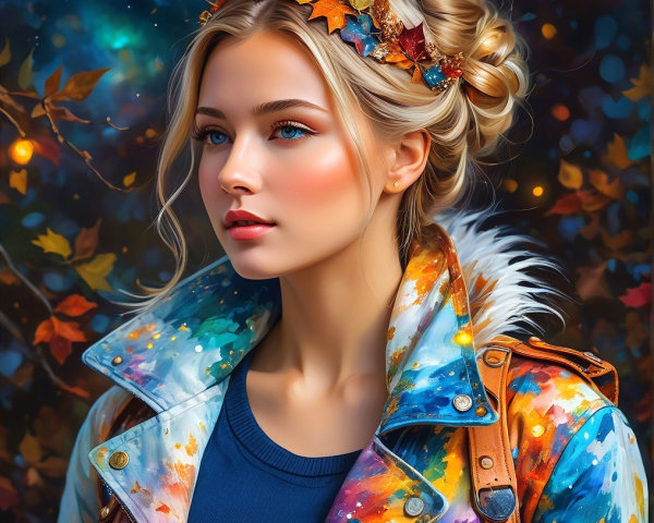 Young woman in autumn leaves with colorful jacket