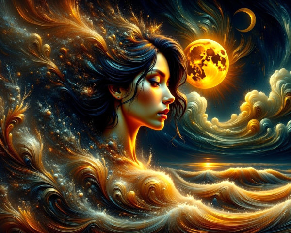 Surreal Scene of Woman in Waves Under Glowing Moon