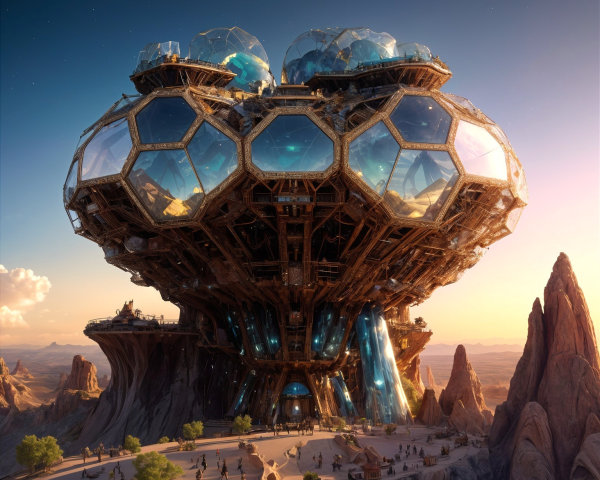 Futuristic Hive Structure on Rocky Terrain with People