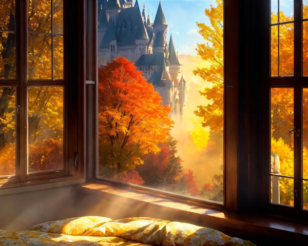 Autumn Landscape View from a Cozy Bedroom Window