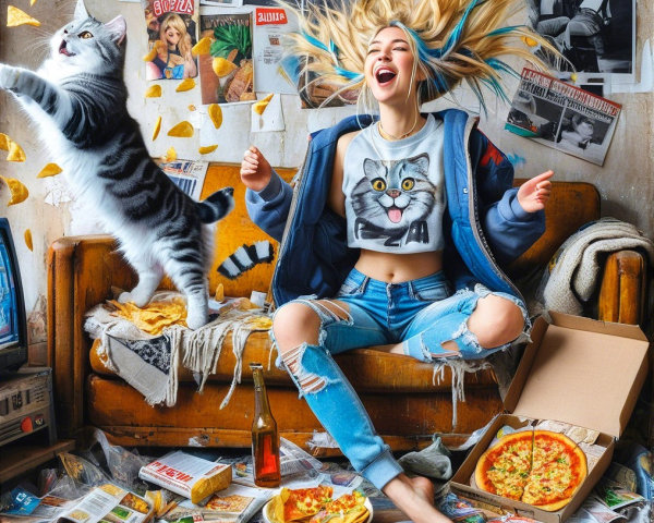 Young Woman Joyfully Jumping on Vintage Sofa