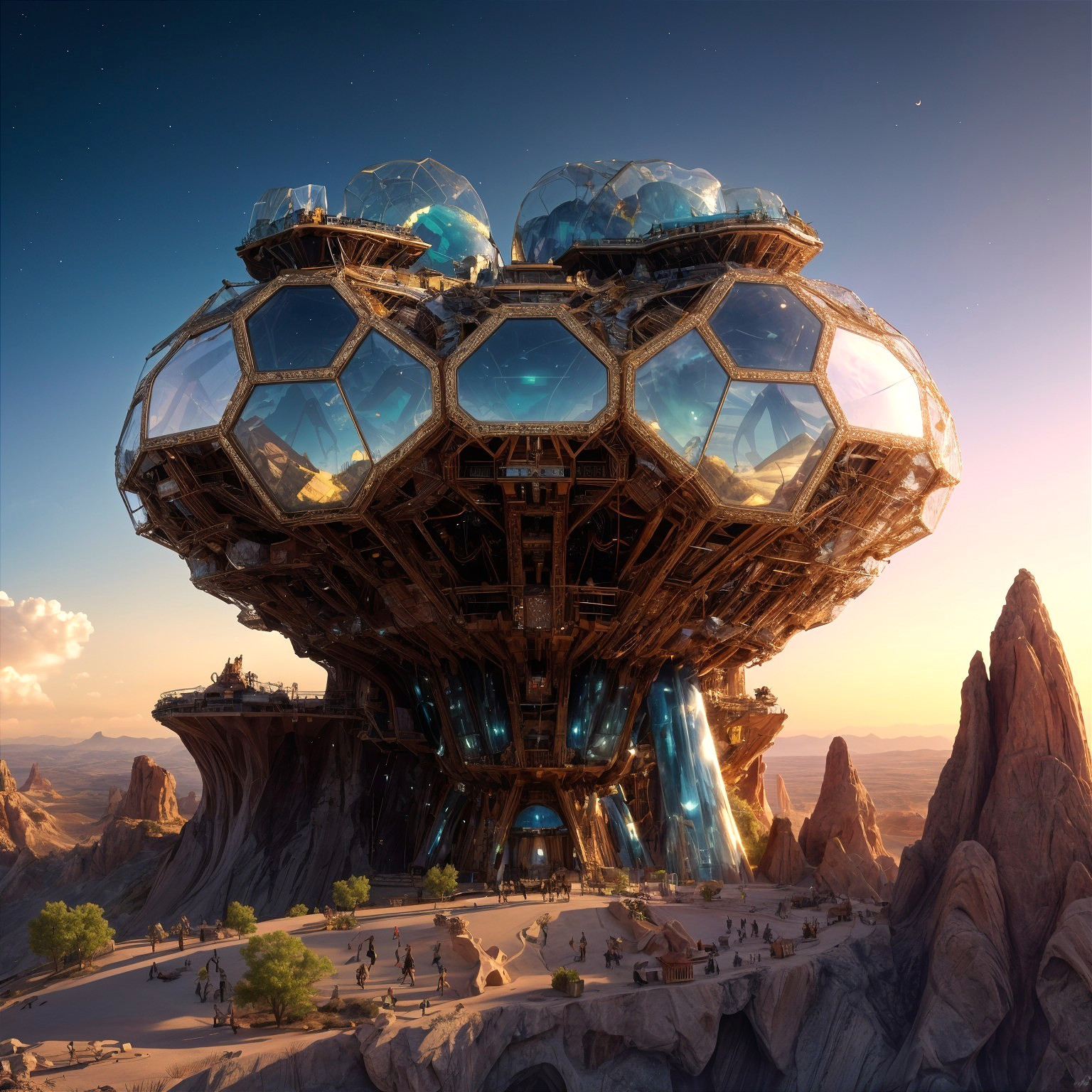 Futuristic Hive Structure on Rocky Terrain with People
