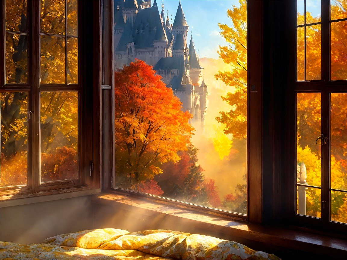 Autumn Landscape View from a Cozy Bedroom Window