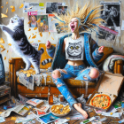 Young Woman Joyfully Jumping on Vintage Sofa