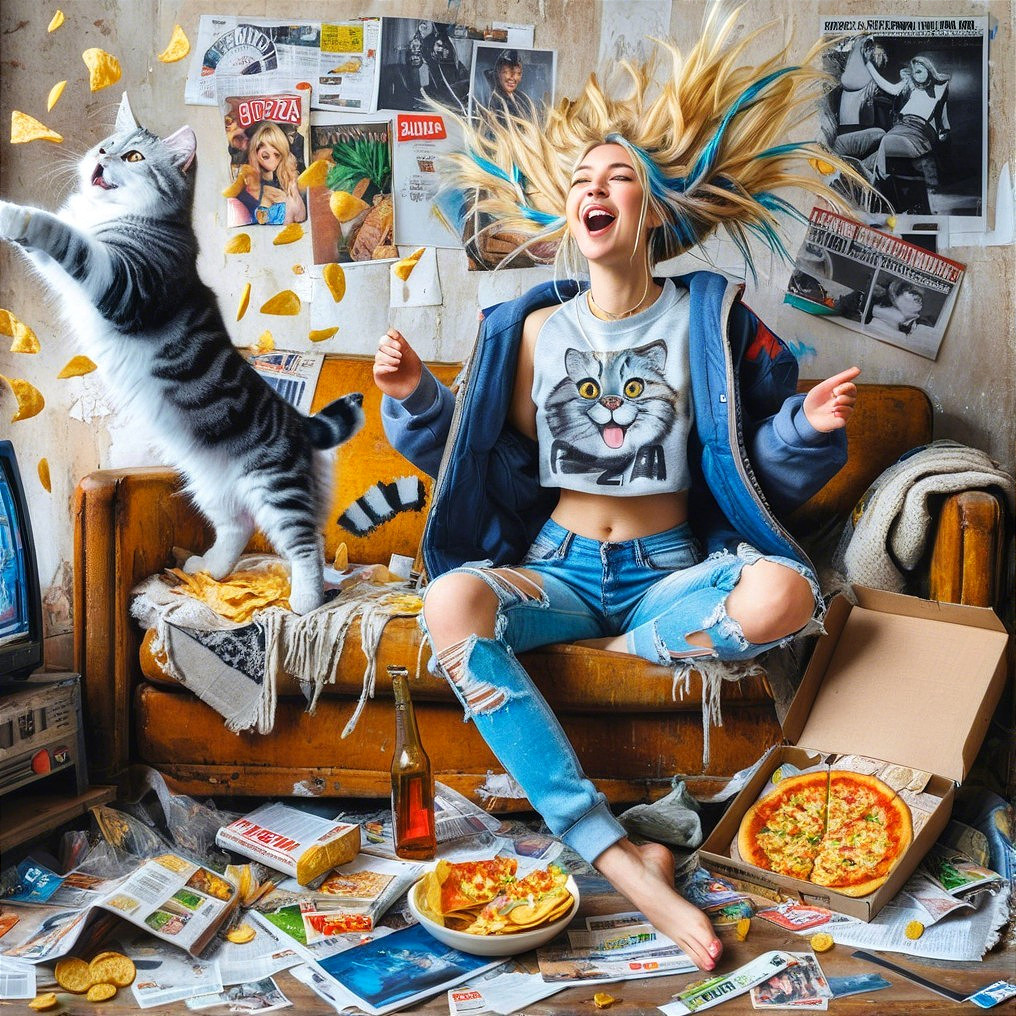 Young Woman Joyfully Jumping on Vintage Sofa