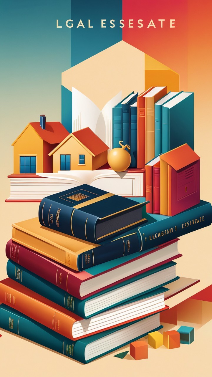 Colorful Illustration of Legal Books and Real Estate Themes