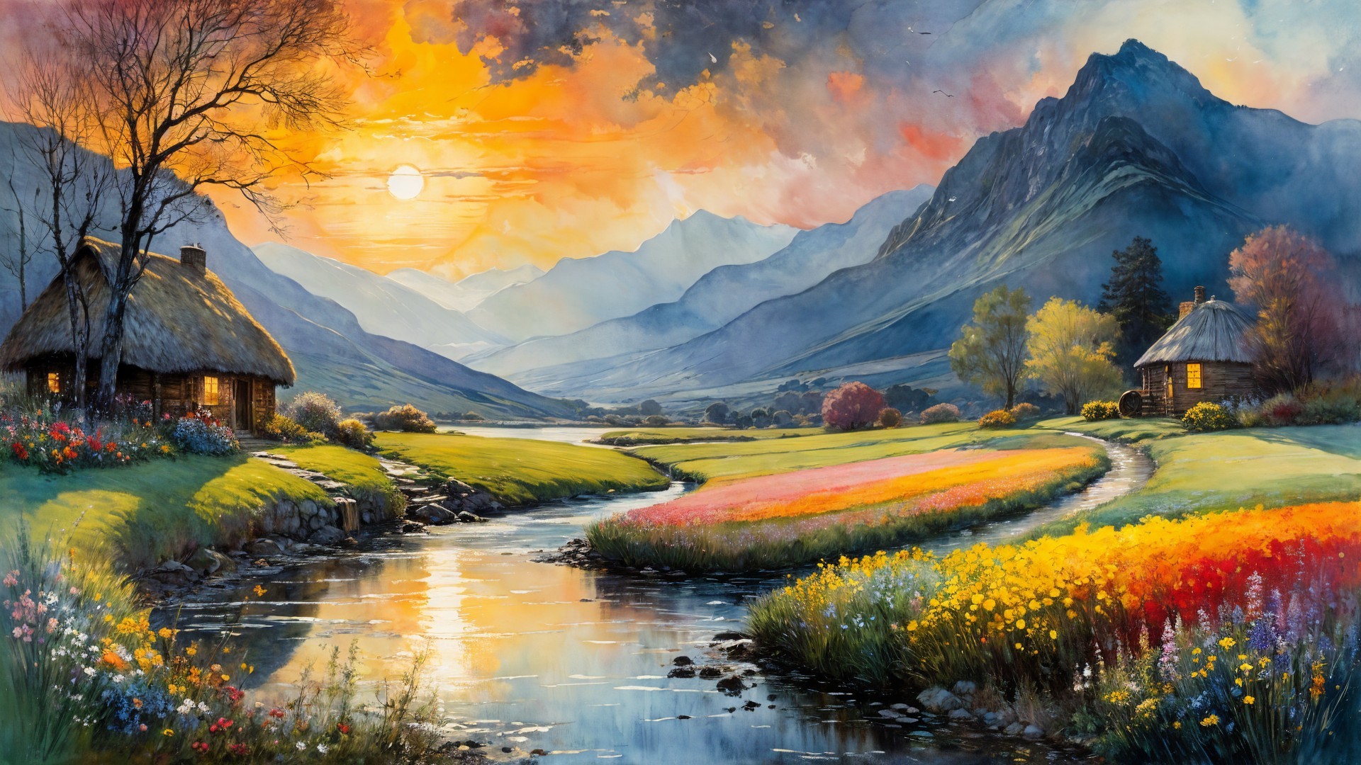 Serene Sunset Landscape with Tranquil Stream and Cottages