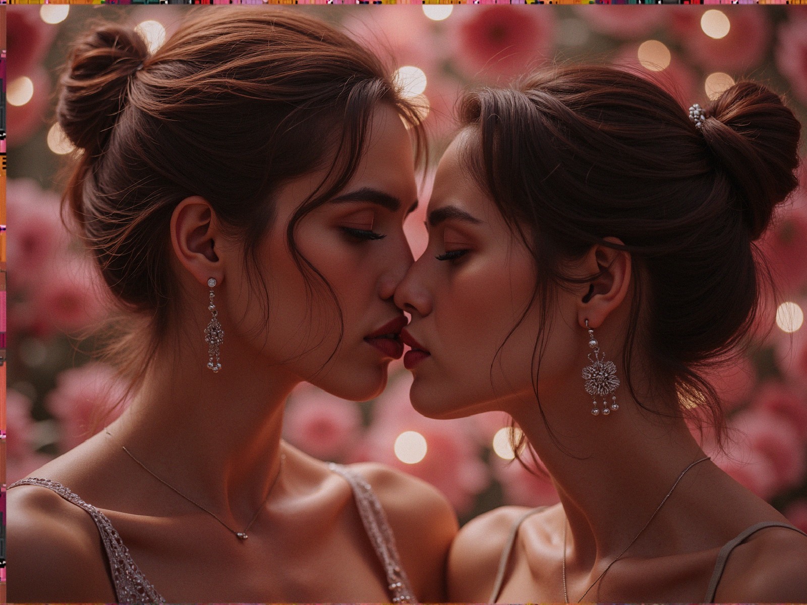 Young women with intimate pose amid pink flowers