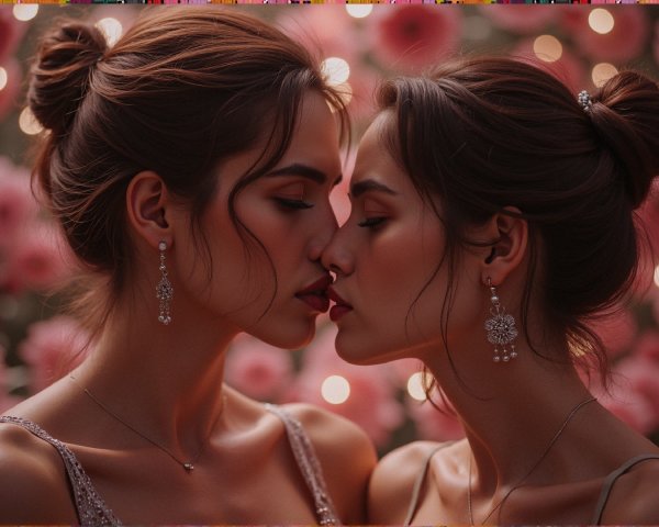 Young women with intimate pose amid pink flowers