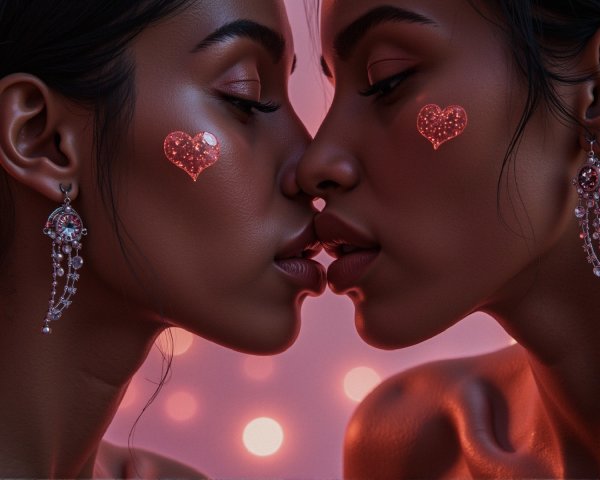 Intimate embrace of women with glowing heart embellishments