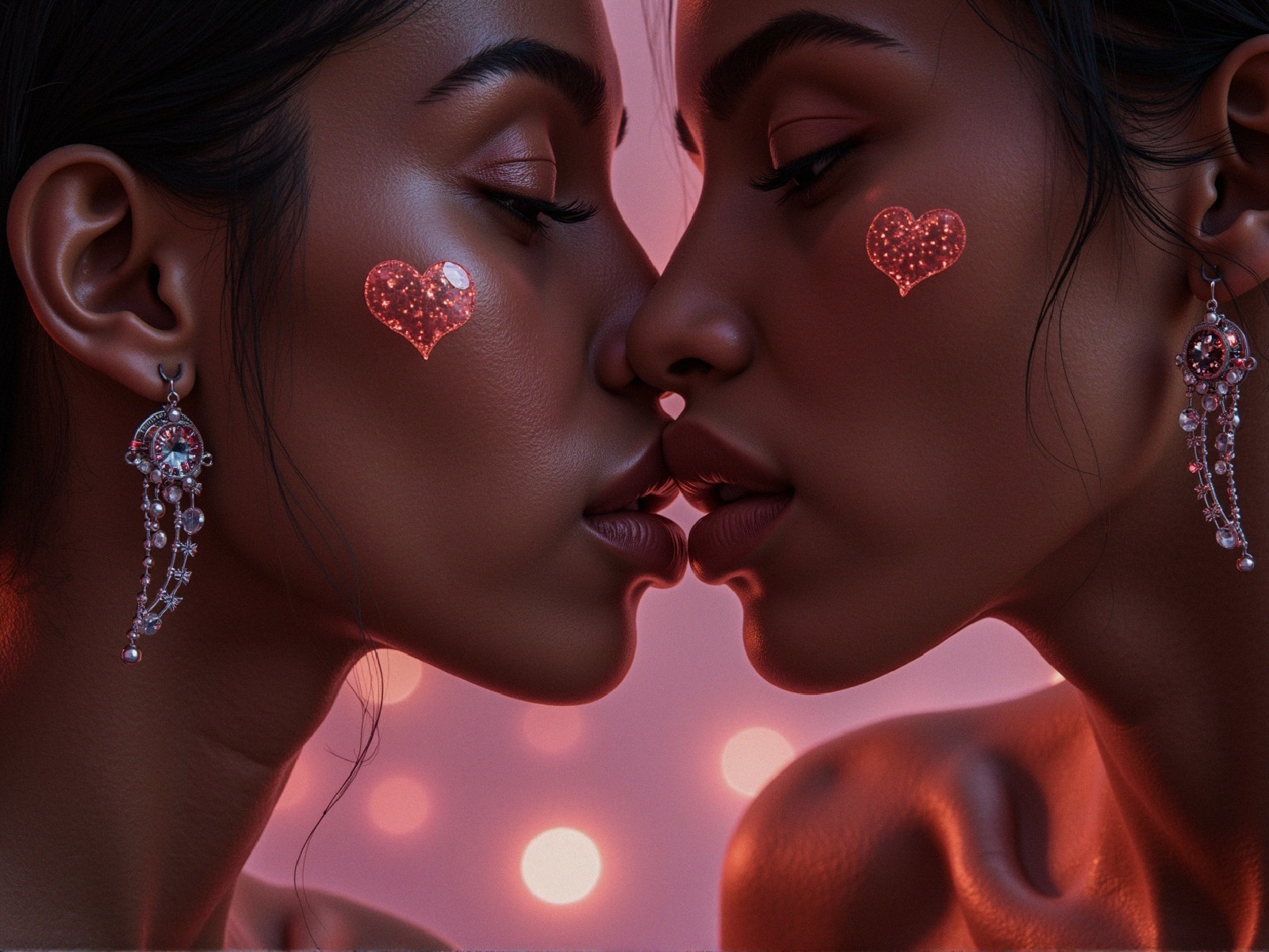 Intimate embrace of women with glowing heart embellishments