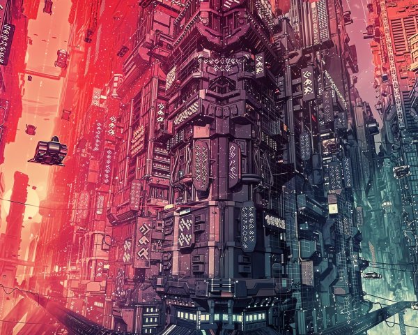 Futuristic cityscape with neon skyscrapers and airships