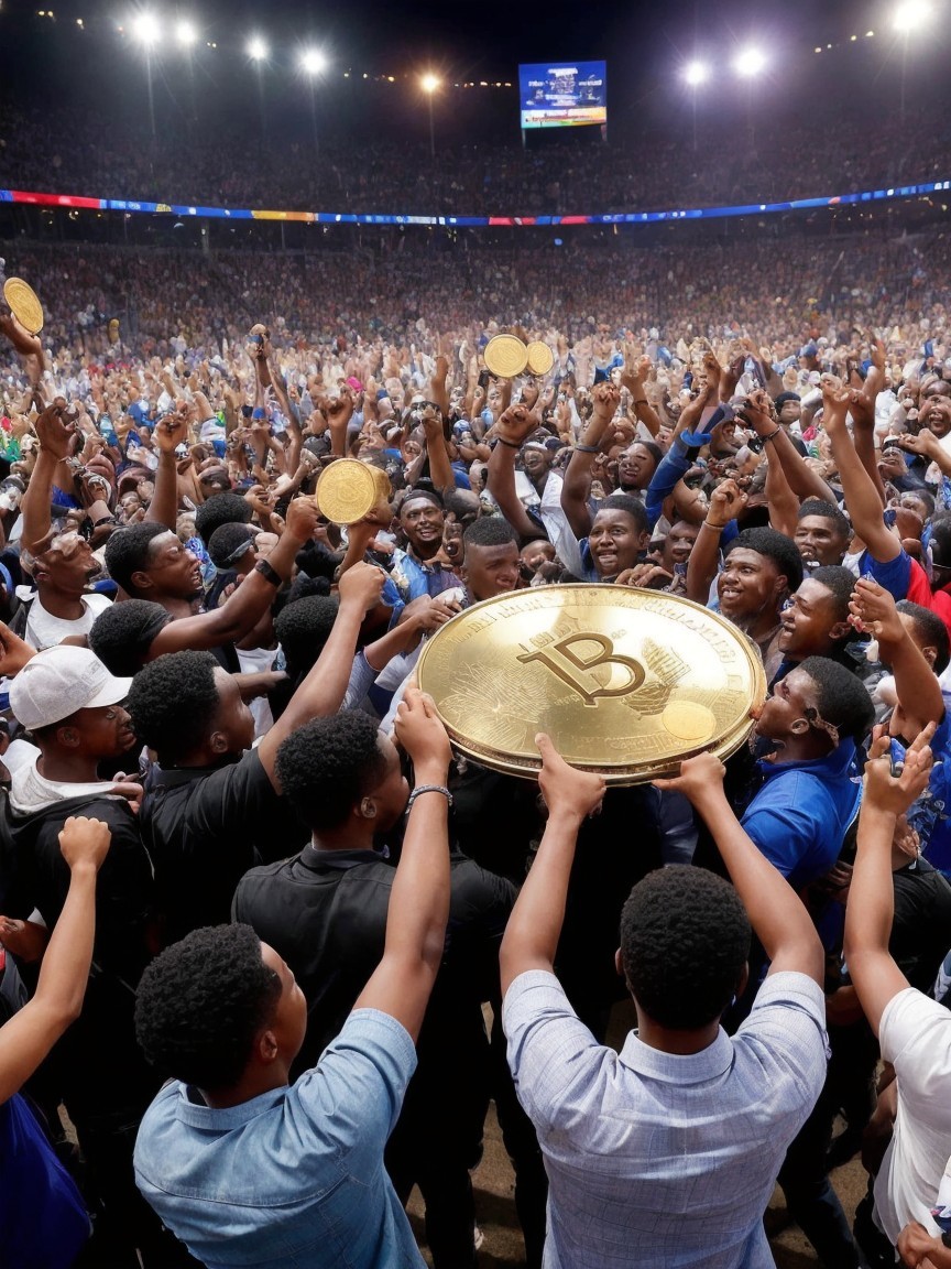 Crowd Celebrating in a Stadium with Lights and Excitement