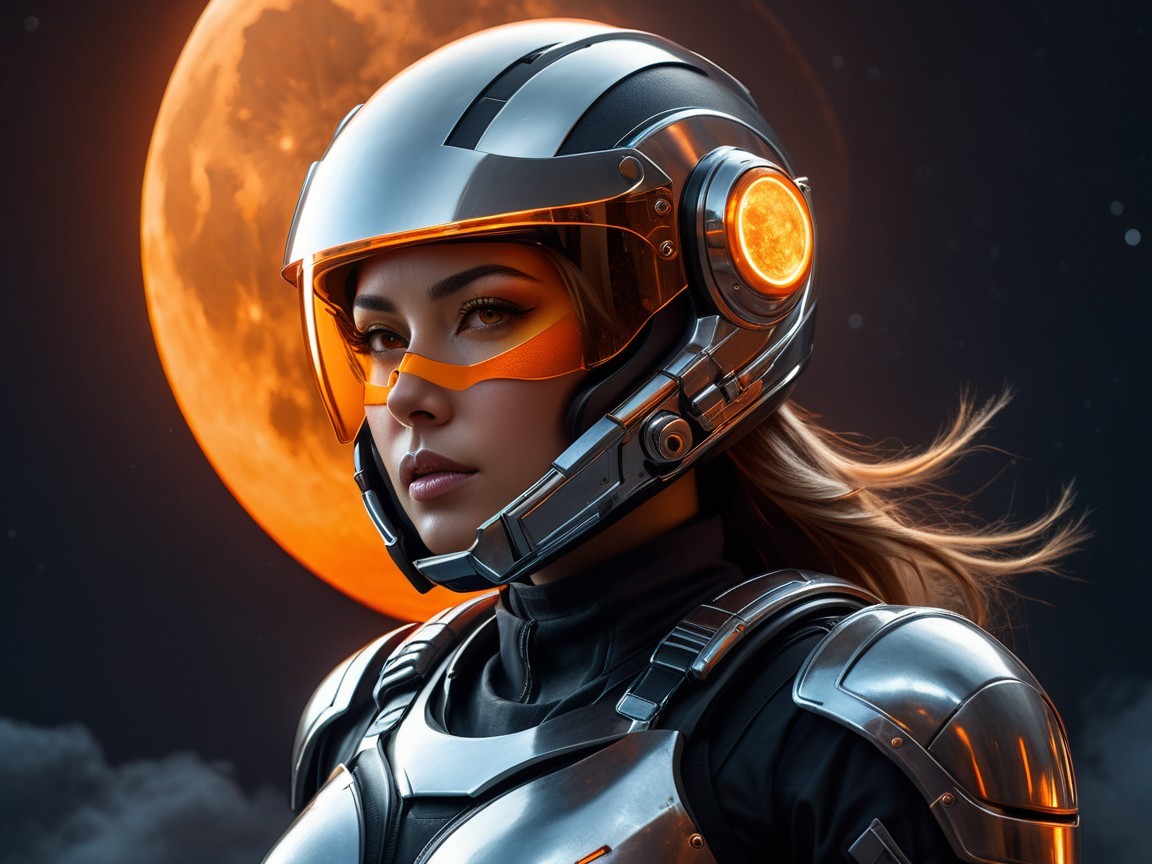 Futuristic female astronaut with glowing orange moon backdrop